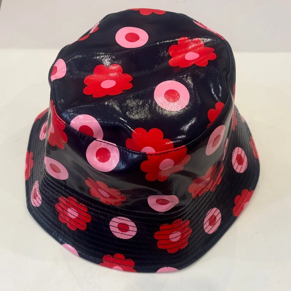 Jacadi Navy Bucket Hat with Red Flowers and Pink Circles